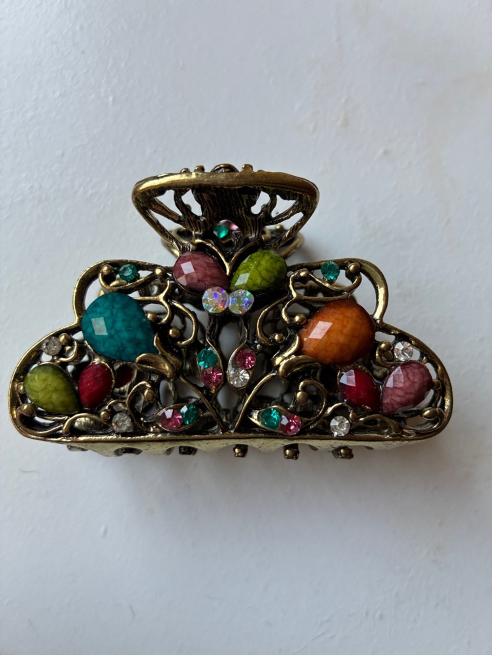 Multi-colored Sturdy hair jaw clip new length 3" blue, orange, green  stones